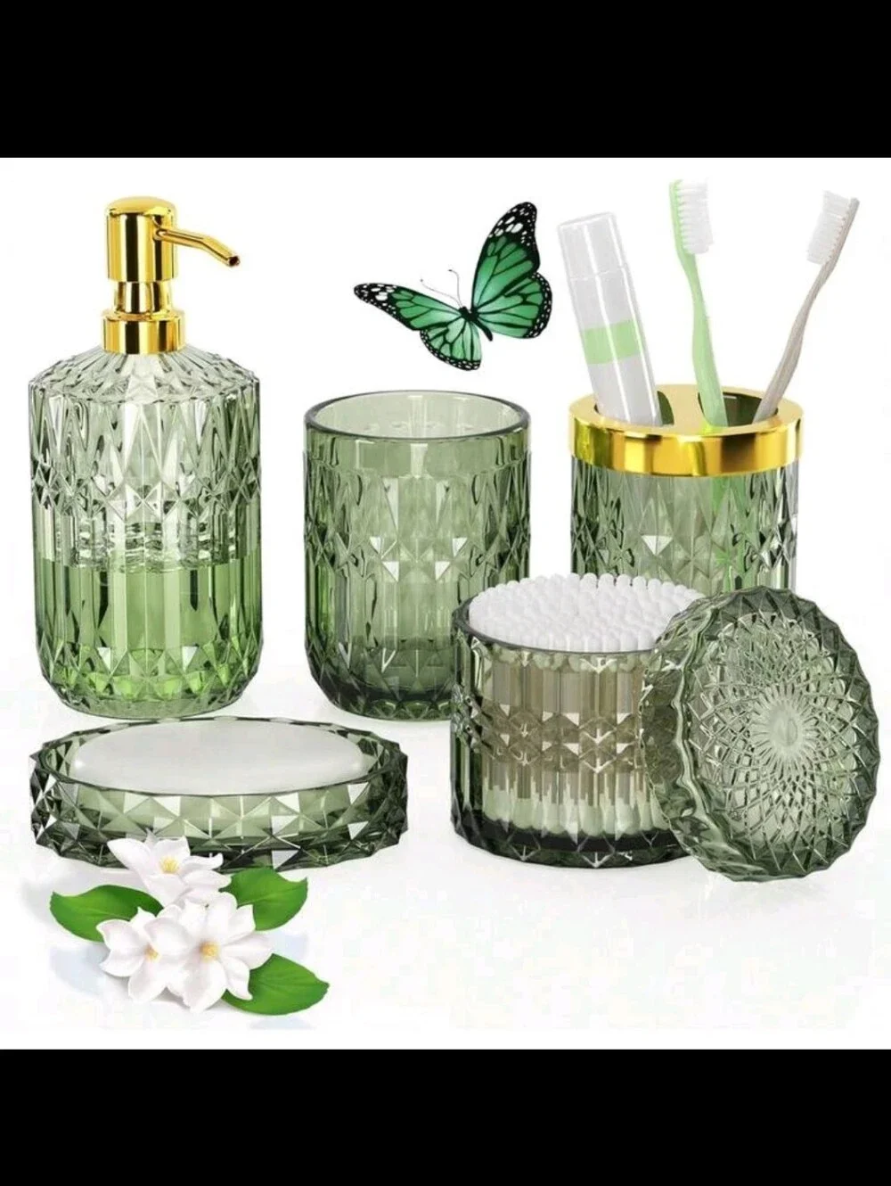 Elegant Green Glass Bathroom Accessory Set - 5 Piece